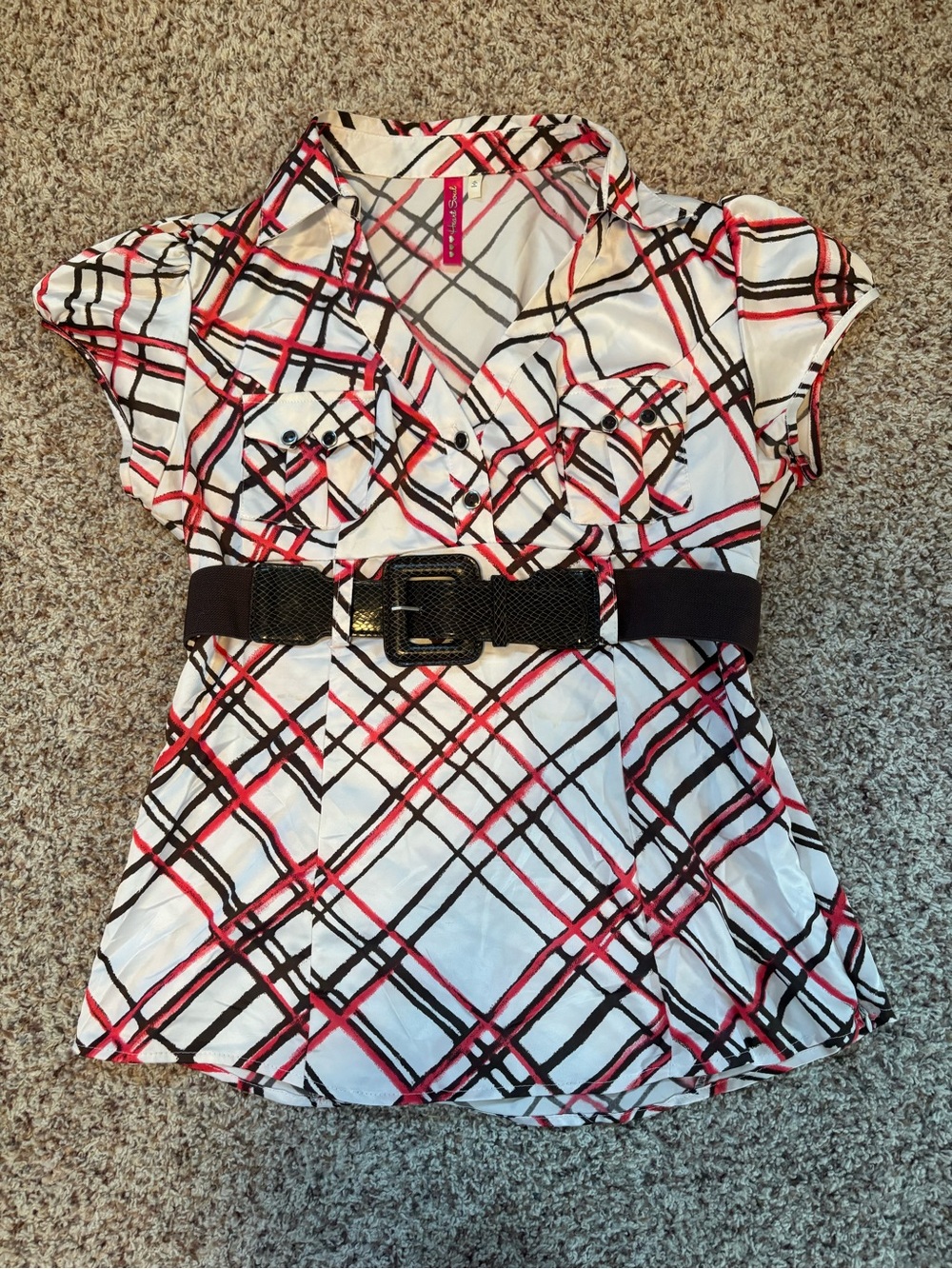 Heart Soul White Blouse with Pink and Black Plaid Brushstrokes